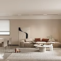 Modern Living Dining Room With Sofa Coffee Table Floor to Ceiling Windows and Green Plants