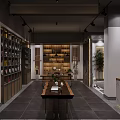 Elegant Clubhouse Interior Featuring Wooden Tables Stone Wall Green Plants And Hanging Lights