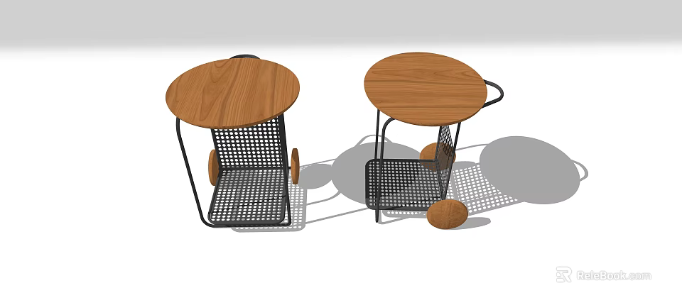 Modern Round Side Tables With Wooden Top Black Metal Frame Mesh Design And Wheels 3d model 