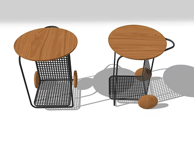 Modern Round Side Tables With Wooden Top Black Metal Frame Mesh Design And Wheels 3d model
