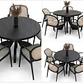 Modern Round Dark Dining Table Set With Light Cushioned Chairs And Vase 3d model