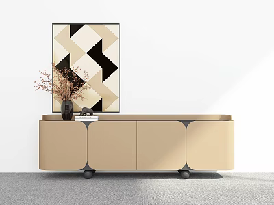 Beige TV Stand Cabinet with Black Legs Dried Flower Vase and Geometric Wall Art 3d model