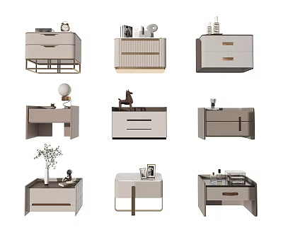 Various Modern Nightstand Designs With Wooden Drawers Metal Legs And Decorative Items 3d model