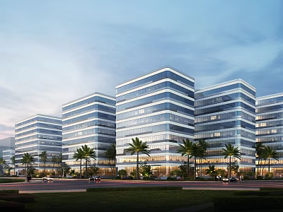 Modern Multiple Office Buildings With Glass Curtain Walls Palm Trees Greenery Roads Vehicles 3d model