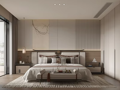 Modern Bedroom Interior Design With Bed Nightstands Rug And Pendant Lights 3d model