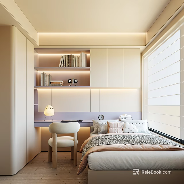 Modern Tatami Bedroom Interior With Built in Storage Desk And Soft Lighting 3d model 