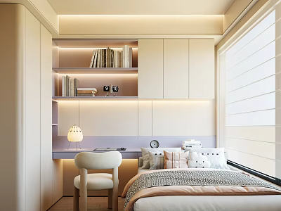 Modern Tatami Bedroom Interior With Built in Storage Desk And Soft Lighting 3d model