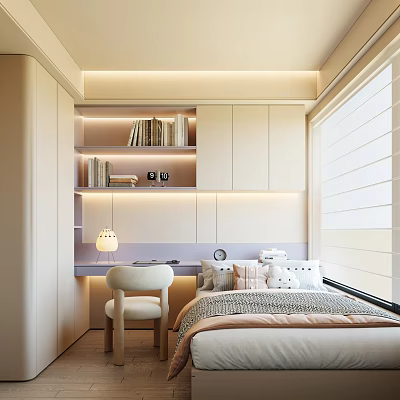 Modern Tatami Bedroom Interior With Built in Storage Desk And Soft Lighting 3d model