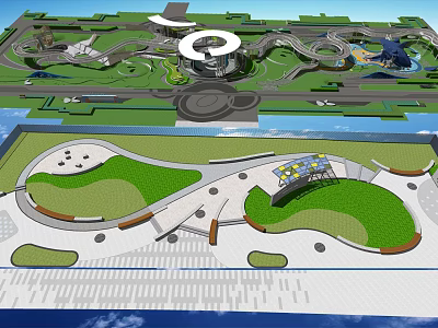 Park Landscape Design With Curved Walkways Green Lawns Circular Structure And Water Area 3d model
