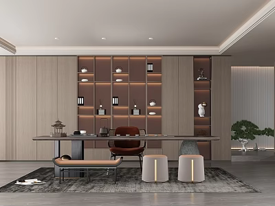 Modern Tea Room Interior Design With Wooden Walls And Tea Set Display Shelves 3d model