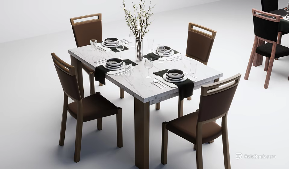 Stylish Brown Dining Chairs Around White Marble Dining Table With Tableware And Vase 3d model
