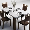 Stylish Brown Dining Chairs Around White Marble Dining Table With Tableware And Vase 3d model