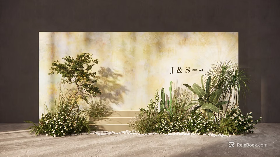 J & S Event Backdrop With Green Plants White Flowers Steps And Pebbles 3d model