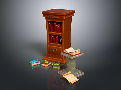 Wooden Bookcase With Red Books On Shelves And Scattered Books Around 3d model