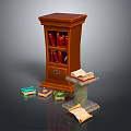 Wooden Bookcase With Red Books On Shelves And Scattered Books Around