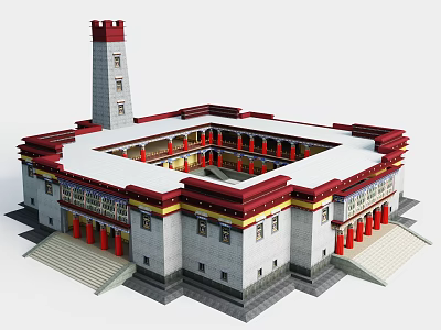 Traditional Tibetan Style Architecture With Square Courtyard Red Roof And White Walls 3d model