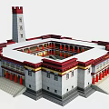 Traditional Tibetan Style Architecture With Square Courtyard Red Roof And White Walls