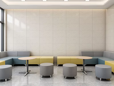 Hospital Outpatient Clinic Waiting Area with Gray Yellow Sofa Benches Round Tables Stools Bright Lighting 3d model