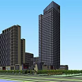 Modern Commercial Complex With High Rise Buildings Glass Curtain Walls And Landscaped Areas