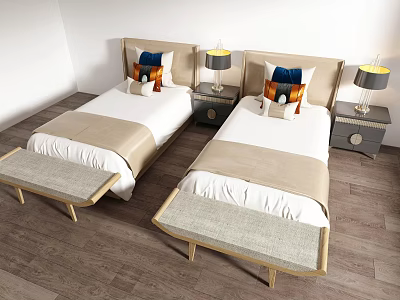 Two Single Beds In Modern Bedroom With Bedside Tables Lamps And Benches 3d model