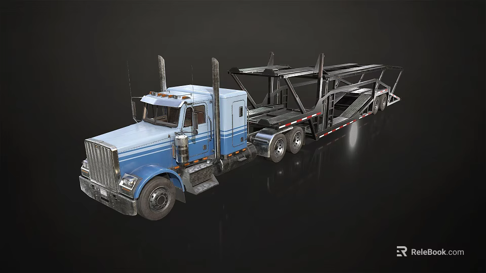 Blue Functional Truck With Flatbed Trailer For Vehicle Transportation Needs 3d model 