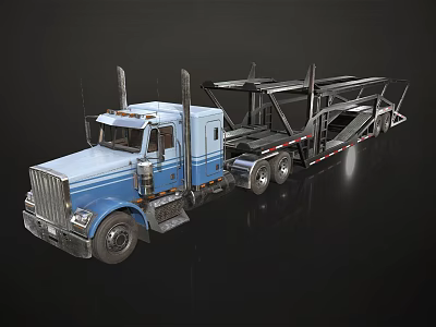 Blue Functional Truck With Flatbed Trailer For Vehicle Transportation Needs 3d model