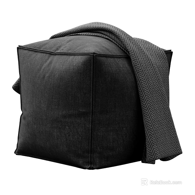 Black Fabric Ottoman With Herringbone Pattern Blanket Modern Living Room Furniture Piece 3d model 