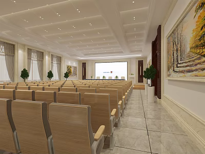 Spacious Conference Room Interior With Rows Of Chairs Projection Screen And Decorative Painting 3d model