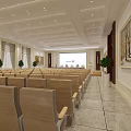 Spacious Conference Room Interior With Rows Of Chairs Projection Screen And Decorative Painting