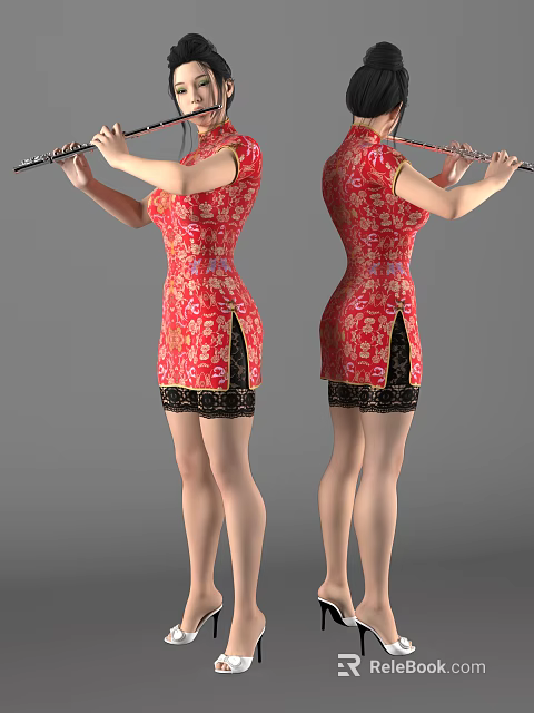 Woman In Red Qipao With Floral Patterns Playing Flute And Black Lace Hem 3d model 