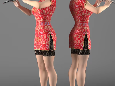 Woman In Red Qipao With Floral Patterns Playing Flute And Black Lace Hem 3d model