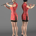 Woman In Red Qipao With Floral Patterns Playing Flute And Black Lace Hem