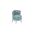 Floral Pattern Accent Chair In Blue Green White With Tufted Back And Curved Wooden Legs