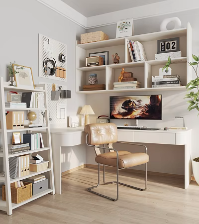 Modern Home Office Interior With White Desk Leather Chair Computer Monitor And Books On Shelves 3d model