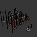 Rusty Metal Piles As Defensive Weapons With Concrete Bases Standing And Slanting