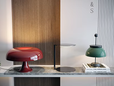 Modern Table Lamps Red Mushroom Shaped Green and Black on Marble Shelf with Wooden Wall 3d model