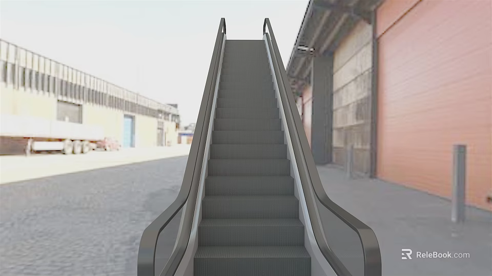 Escalator In Outdoor Industrial Area With Gray Steps Black Handrails And Warehouse Buildings 3d model 
