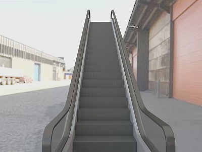 Escalator In Outdoor Industrial Area With Gray Steps Black Handrails And Warehouse Buildings 3d model