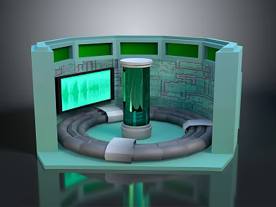 Futuristic Tech Inspired Indoor Scene With Green Transparent Column And Circular Platforms 3d model