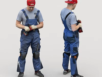 Worker In Blue Overalls With Red Cap Knee Pads And Tools Two Angles View 3d model