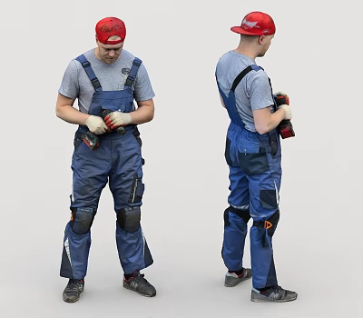 Worker In Blue Overalls With Red Cap Knee Pads And Tools Two Angles View 3d model