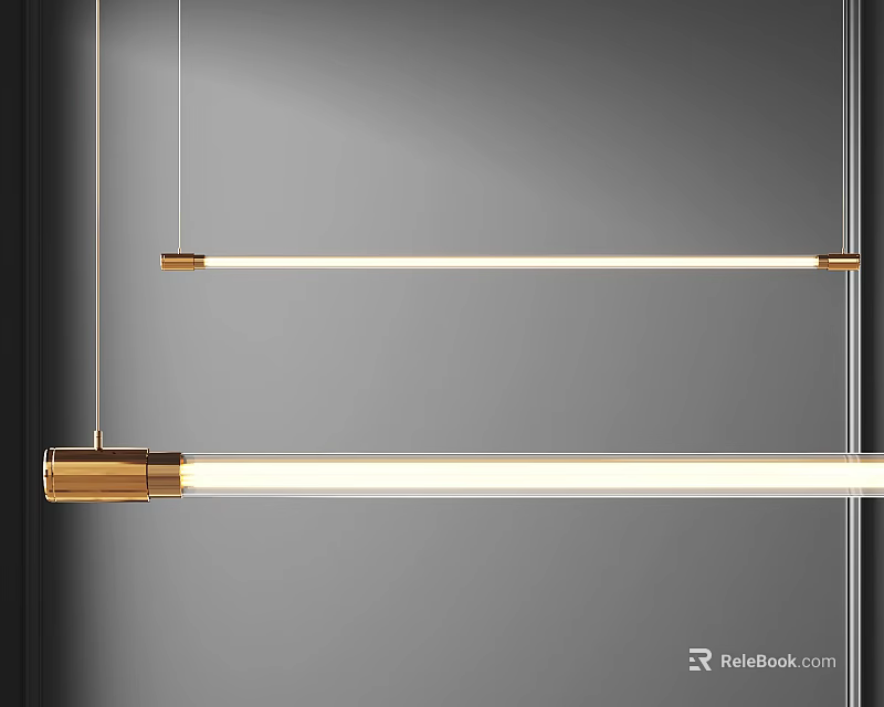Long Linear Pendant Light With Golden Metallic Base Illuminated Tube Hanging In Modern Gray Interior 3d model 