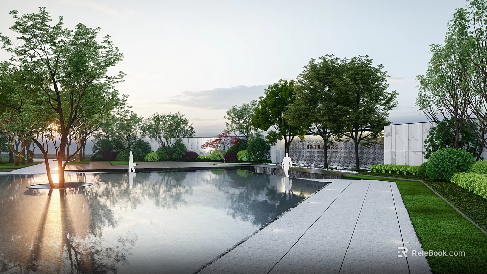 Serene Modern Landscape With Reflective Pool Stone Path And Green Trees 3d model