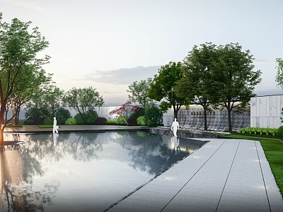 Serene Modern Landscape With Reflective Pool Stone Path And Green Trees 3d model