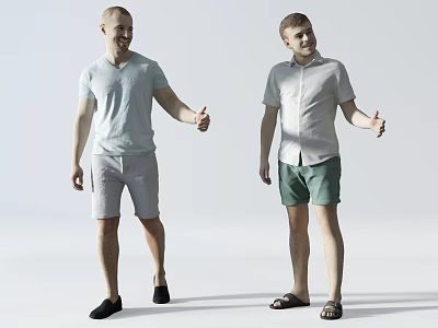 Two Men Wearing Light Blue T Shirt Gray Shorts White Shirt Green Shorts Thumbs Up 3d model