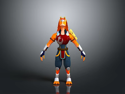 3D Fantasy Warrior Character With Orange Hair Red Blue Outfit And Golden Accents 3d model