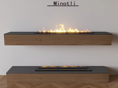 Modern Wooden Fireplace Design With Black Surface Wall Mounted And Floor Standing Flames 3d model