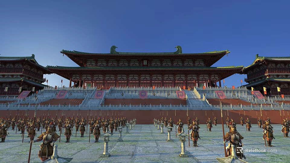 Cartoon Scene Of Ancient Chinese Palace With Green Roof And Armored Soldiers On Square 3d model 