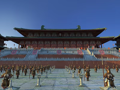 Cartoon Scene Of Ancient Chinese Palace With Green Roof And Armored Soldiers On Square 3d model