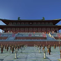 Cartoon Scene Of Ancient Chinese Palace With Green Roof And Armored Soldiers On Square